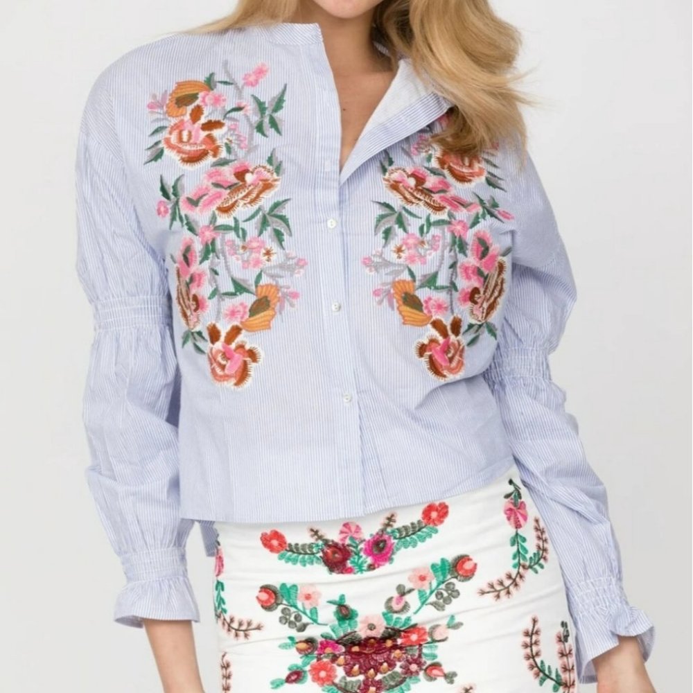ZARA Floral Embroidery Blue & White Striped Blouse
